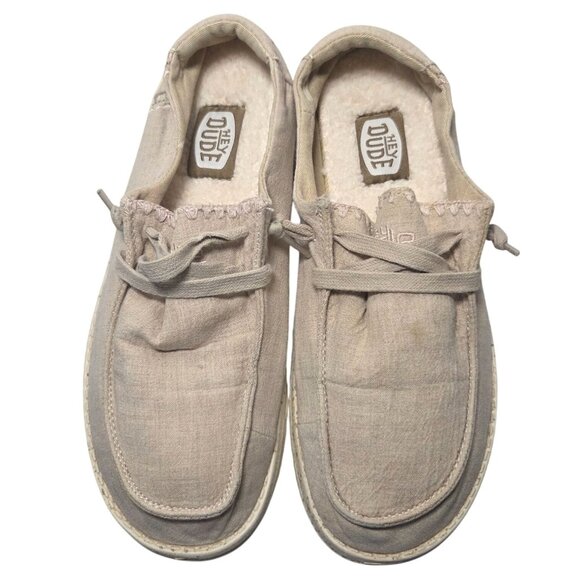 Hey Dude Shoes - Hey Dude Wendy Beige Canvas Moccasin Slip On Sherpa Insole Sneakers Women's 8